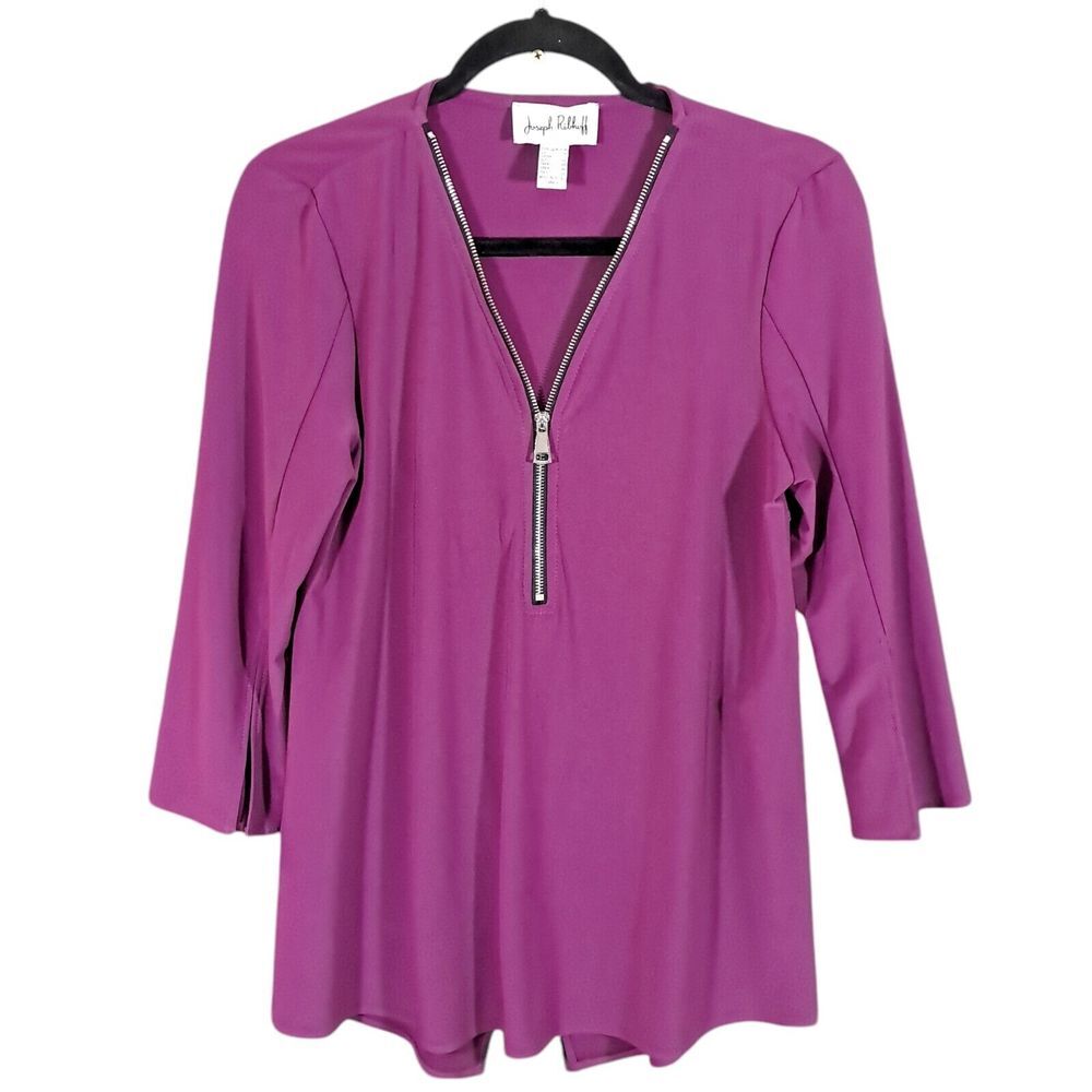 Joseph Ribkoff Half Zip Top Women Size 4 Fuchsia Jersey V Neck Split Back Office